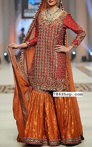  Red/Orange Jamawar Chiffon Suit | Pakistani Party Wear Dresses- Image 1