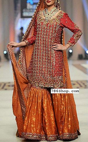 red and orange pakistani dress