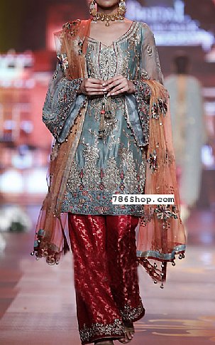  Slate Grey/Red Silk Suit | Pakistani Party Wear Dresses- Image 1