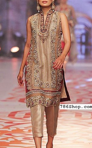  Caramel Beige Chiffon Suit | Pakistani Party Wear Dresses- Image 1