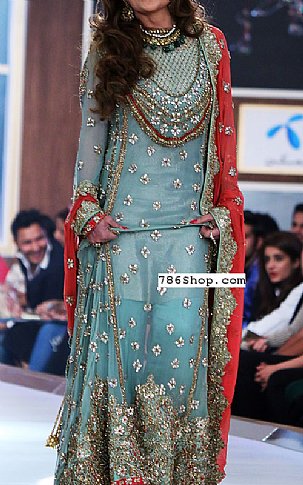  Turquoise Chiffon Suit | Pakistani Wedding Dresses- Image 1