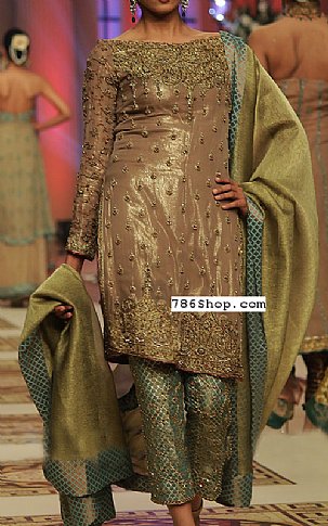  Beige/Pistachio Silk Suit | Pakistani Party Wear Dresses USA- Image 1