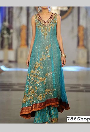  Turquoise Chiffon Suit | Pakistani Party Wear Dresses- Image 1