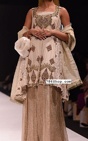  Off-white Silk Suit | Pakistani Party Wear Dresses USA- Image 1