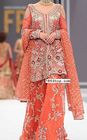  Coral Chiffon Suit | Pakistani Wedding Dresses USA- Image 1