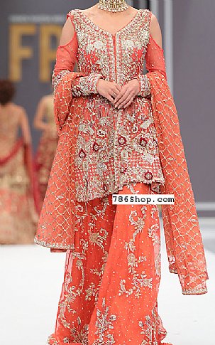  Coral Chiffon Suit | Pakistani Wedding Dresses- Image 1