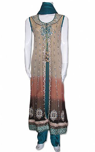 Jhilmil. Beige/Teal Chiffon Suit | Pakistani Dresses in USA- Image 1