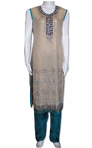 Jhilmil. Beige/Sea Green Chiffon Suit | Pakistani Dresses in USA- Image 1