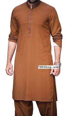  Golden Brown Men Shalwar Kameez | Pakistani Mens Suits Online- Image 1