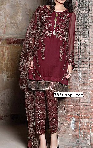 Motifz. Maroon Crinkle Chiffon Suit | Pakistani Dresses in USA- Image 1