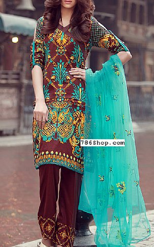 Libas by Shariq Textile Brown/Turquoise Lawn Suit | Pakistani Dresses in USA- Image 1