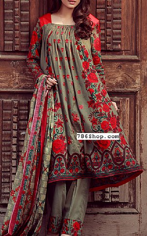 Olive Green Lawn Suit | Pakistani 
