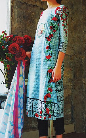 Tabassum Mughal Turquoise Lawn Suit | Pakistani Lawn Dress in USA- Image 1