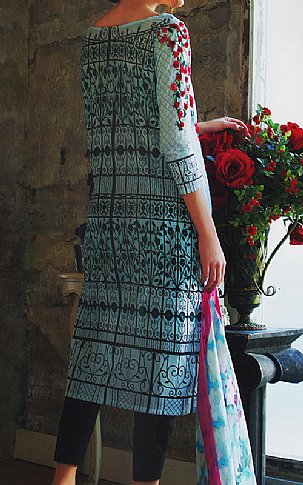 Tabassum Mughal Turquoise Lawn Suit | Pakistani Lawn Dress in USA- Image 2