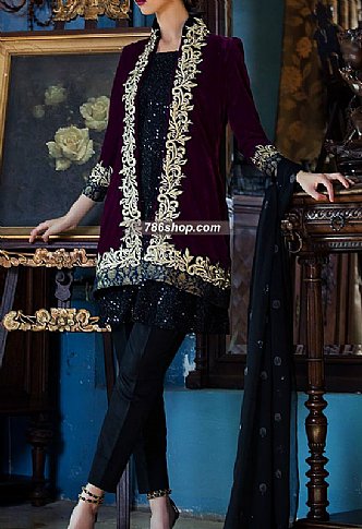 Tabassum Mughal Indigo/Black Velvet Suit | Pakistani Dresses in USA- Image 1