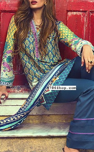 Zara Shahjahan. Yellow/Blue Raw Silk Suit | Pakistani Dresses in USA- Image 1