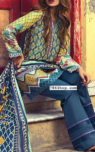Zara Shahjahan. Yellow/Blue Raw Silk Suit | Pakistani Dresses in USA- Image 2