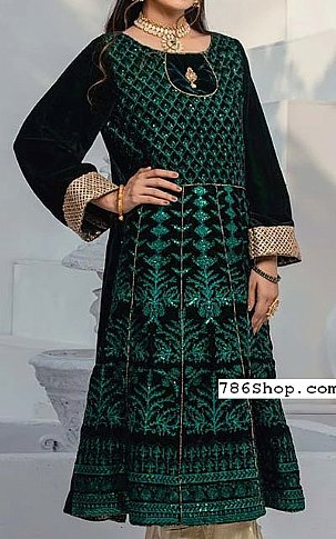 Al Zohaib Bottle Green Velvet Kurti | Pakistani Winter Dresses- Image 2