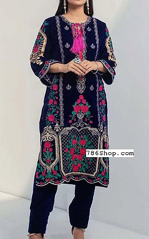 Al Zohaib Indigo Velvet Kurti | Pakistani Winter Dresses- Image 1