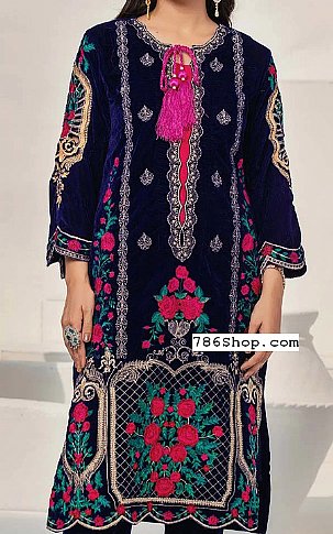 Al Zohaib Indigo Velvet Kurti | Pakistani Winter Dresses- Image 2