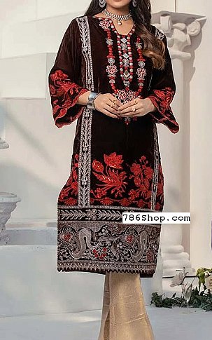 Al Zohaib Brown Velvet Kurti | Pakistani Winter Dresses- Image 2