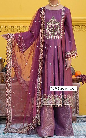 Anamta Purple Cotton Satin Suit | Pakistani Embroidered Chiffon Dresses- Image 1
