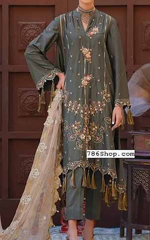 Olive/Grey Cotton Satin Suit | Anamta Pakistani Chiffon Dresses