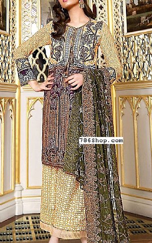 Asim Jofa Ivory/Olive Lawn Suit | Pakistani Lawn Suits- Image 1