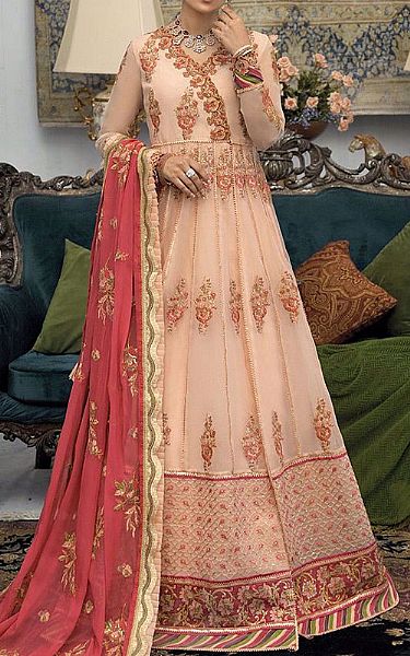 Asim Jofa Peach Organza Suit | Pakistani Embroidered Chiffon Dresses- Image 1
