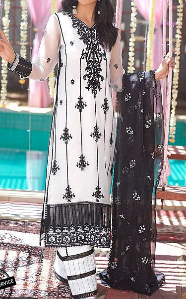 Asim Jofa Off-white/Black Organza Suit | Pakistani Embroidered Chiffon Dresses- Image 1