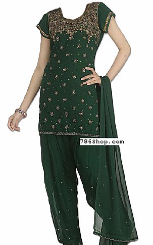  Bottle Green Chiffon Suit | Pakistani Dresses in USA- Image 1