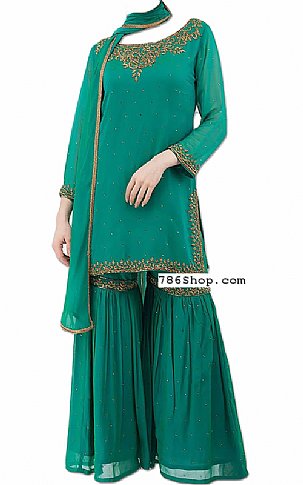  Teal Chiffon Suit | Pakistani Wedding Dresses- Image 1