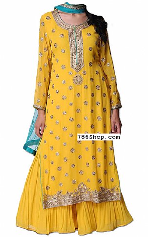  Yellow Chiffon Suit | Pakistani Wedding Dresses- Image 1