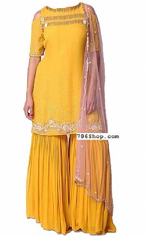  Yellow Georgette Suit | Pakistani Wedding Dresses- Image 1