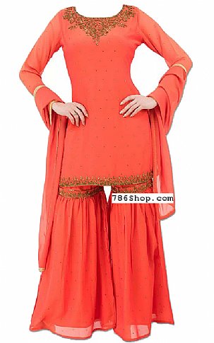  Coral Chiffon Suit | Pakistani Wedding Dresses- Image 1