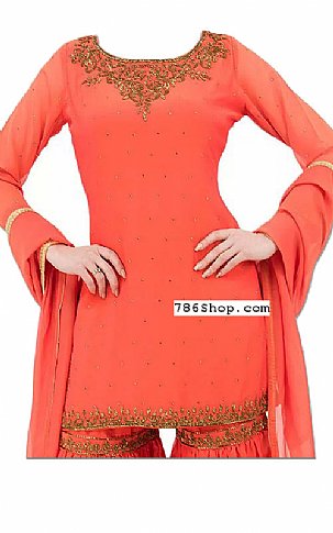  Coral Chiffon Suit | Pakistani Wedding Dresses USA- Image 2