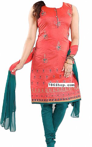  Coral/Teal Georgette Suit | Pakistani Dresses in USA- Image 1