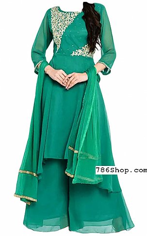  Teal Green Chiffon Suit | Pakistani Dresses in USA- Image 1