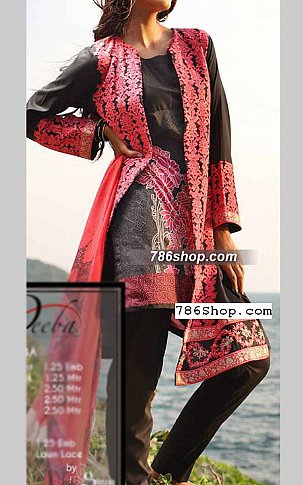 Deeba by Shariq Peach/Black Cotton Lawn Suit | Pakistani Lawn Suits- Image 1