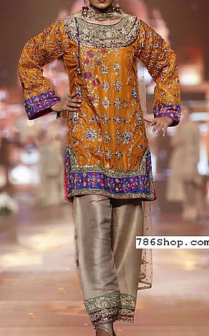  Rust/Beige Raw Silk Suit | Pakistani Party Wear Dresses- Image 1