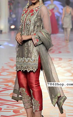  Grey Net Suit | Pakistani Party Wear Dresses- Image 1