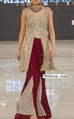  Golden/Maroon Chiffon Suit | Pakistani Party Wear Dresses- Image 1