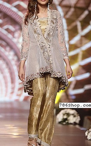  Grey/Golden Net Suit | Pakistani Party Wear Dresses- Image 1