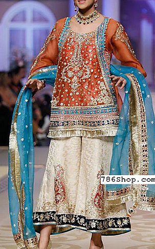  Rust/Off-white Chiffon Suit | Pakistani Party Wear Dresses- Image 1