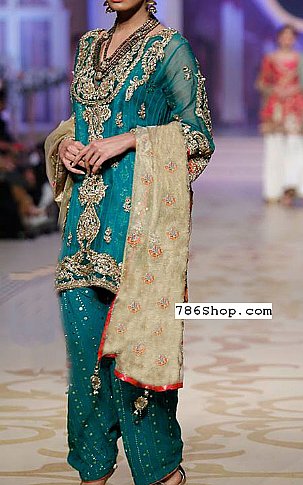  Teal Chiffon Suit | Pakistani Party Wear Dresses- Image 1