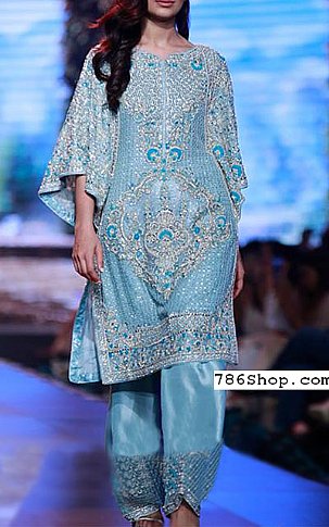  Turquoise Chiffon Suit | Pakistani Party Wear Dresses- Image 1