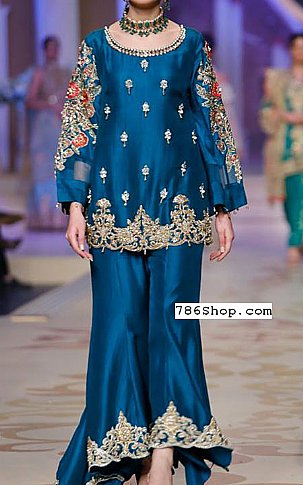  Blue Silk Suit | Pakistani Party Wear Dresses- Image 1