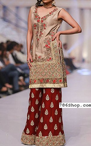  Beige Silk Suit | Pakistani Party Wear Dresses USA- Image 1