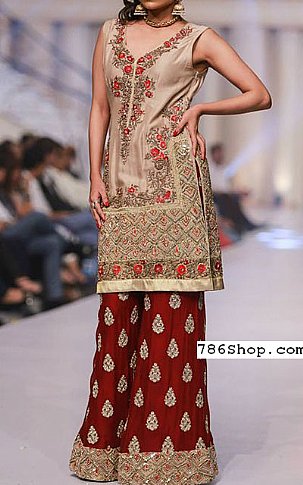  Beige Silk Suit | Pakistani Party Wear Dresses- Image 1