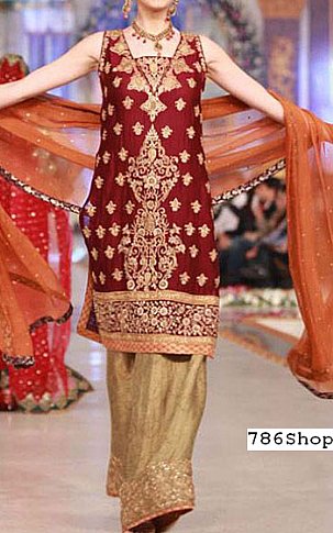  Maroon/Beige Chiffon Suit | Pakistani Party Wear Dresses- Image 1